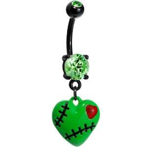    Peridot Green Gem Stitched Up Zombie Heart Belly Ring Jewelry
