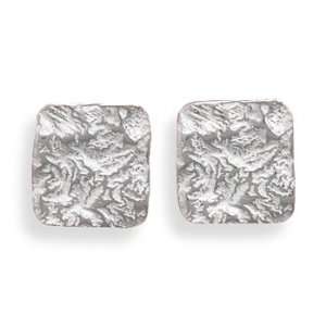 Sterling Silver Shiny Textured Square Post Earrings Measuress 15mm X 