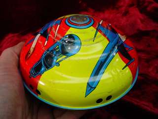 Vintage TIN Litho SPACE Spin TOP UFO Rocket Spacemen Metal Toy  
