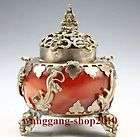 Chinese tibet silver Old red Jade inlay Catamount Kwan 