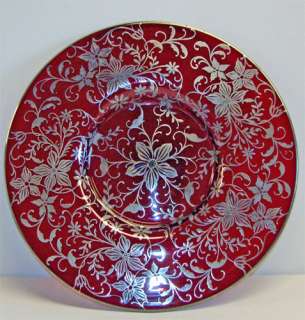 SILVER OVERLAY Antique RUBY RED GLASS PLATE Vintage Dish Charger 