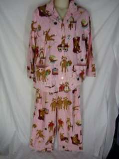 Nick & Nora Pink Sock Monkey Pajamas XXL Cotton Flannel  