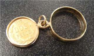 Pure Gold Dos Peso 1945 Coin Charm Ring 14k Gold Band  