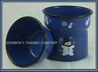 BLUE Enamelware Snowman Dip Pot Snowmen Snowflakes NEW  