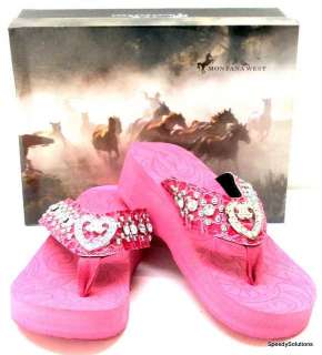Pink Heart Western Rhinestone Bling Flip Flops Sandals  