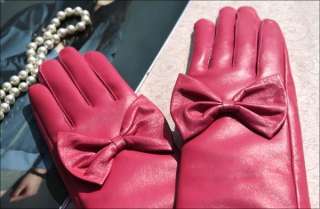 40cm(15.7) long fashion cute bow real leather gloves*dark pink  