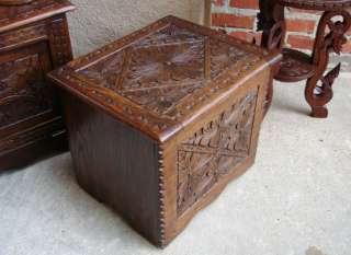 Small Antique English Hand Carved Oak Lift Top Box Square Coffee End 