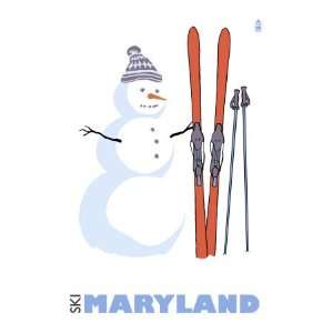  Maryland, Snowman with Skis Premium Poster Print