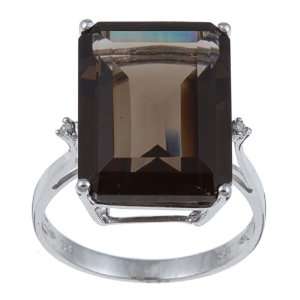  10k White Gold Emerald Cut Smokey Topaz and Diamond Ring 