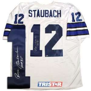  Roger Staubach Autographed White Custom Jersey with HOF 85 