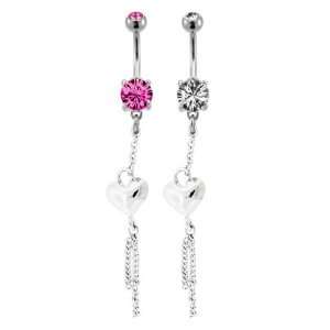 14G 3/8 Pink Prong Set with Dangling Heart with Dangling Chains Belly 