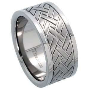 High Grade Titanium 9mm (3/8 in.) Wedding Band Ring w/ Herringbone 