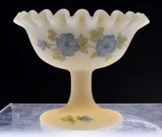   SATIN GLASS MINI COMPOTE COMPORT SIGNED LAURA LONG BLUE FLOWERS  