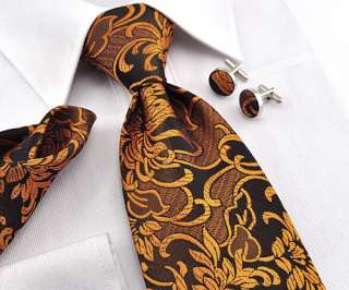   golden black Jacquard silk Mens Tie Necktie set Cufflinks Hanky  