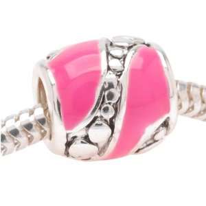  Silver Plated Large Hole Bead Pink Enamel Swirls And Dots 