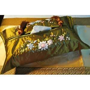    Green Satin Embroidery Tissue Box Cover