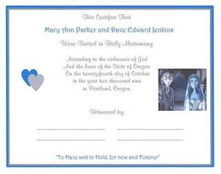 Corpse Bride Keepsake Wedding Marriage Certificate  