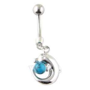   925 Sterling Silver Dolphin Belly Ring with Turquoise Dangle Jewelry