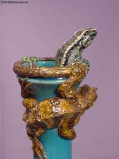 Antique Sculptured 3 Iguanas on Turquoise Blue Vase  
