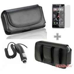 Leather Skin Pouch Case+Screen Guard+Car Charger for MOTOROLA DROID 