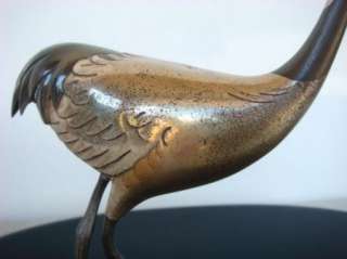 Vintage Asian Signed Crane Bird Metal Art Sculpture  