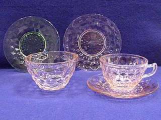 LOT Jeannette Depression Glass CUBE Pink & Green Cup & Saucer, Plates 