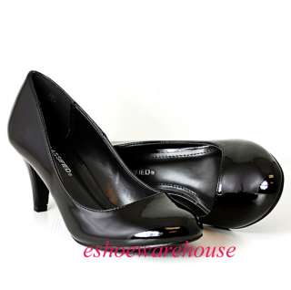 Round Toe Cutie Comfy Mid Heel Pumps Shoes Black Patent  