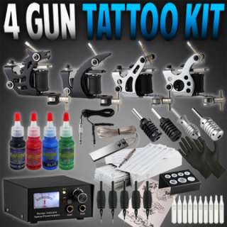   Complete Tattoo Kit 4 Color USA Inks 50 Needles Power Supply Grip Tip