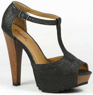 Black Glitter Open Toe T Strap Platform Sandal 8 us  
