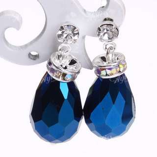 2X Dark Blue Crystal Glass Teardrop Dangle Stud Earring  