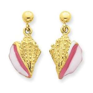  14k Yellow Gold Pink & White Enameled Conch Shell Dangle 