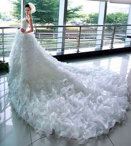   SZ white/ivory empire line crystals wedding bridal dress long train