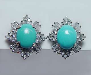 Vintage Persian Turquoise Baguette Round Diamond Earrings 18K White 
