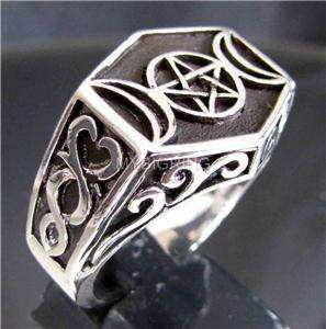 SILVER WICCAN RING 2 CRESCENT MOON PENTAGRAM CELTIC NEW  