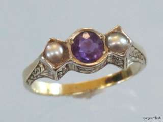 ANTIQUE VICTORIAN 14K YELLOW GOLD AMETHYST & NATURAL PEARL RING  
