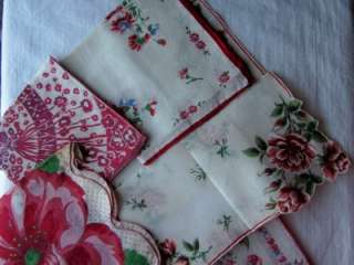 Vintage Ladies Hankies Red Floral Embroidery Print Lace  