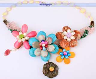 Amazing 20 Turquoise Agate Jade Pearl Flower Necklace  FINDINGSTYLE 