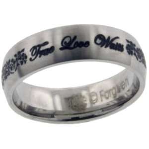 True Love Waits Floral Vine Cursive Text Stainless Steel Ring Size 6 