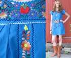 VTG Mexican Embroidere​d Blue Floral hippie boho dress