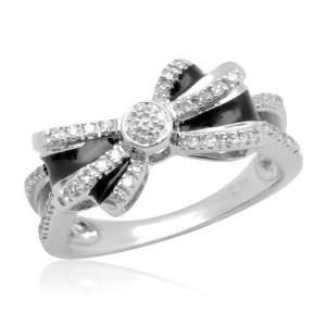 10k White Gold Diamond Bow Ring with Black Enamel, (1/10 cttw, I J 