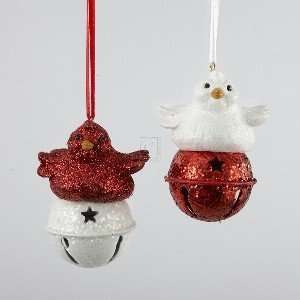   RESIN RED & WHITE BIRDS ON METAL BELLS ORNAMENTS