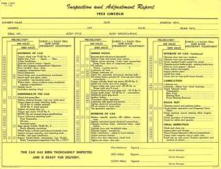 1953 Lincoln Dealer Inspection and Adjustment Report  