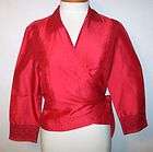 Ann Taylor wrap blouse silk red w/embroidery trim size 