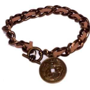 Brass and Leather Bracelet with Dragon Dangle Coin 