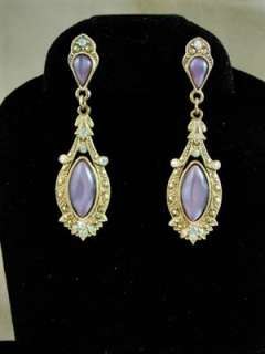 Antique Look Dangle Pierced Earrings w/Purple Cabs & Rhinestones 