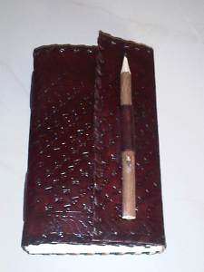Leather bound pattern embossed wood pencil lock journal  