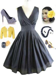 50s Style PINUP Navy SURPLICE Sun Dress w/FULL Skirt  