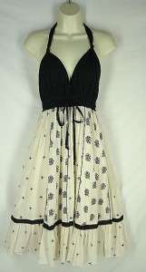 Size 2 Lithe Anthropologie Dress Cream/Black Boho Halter Floral Cotton 