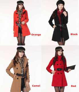 Fashion Women Lady Wool Double breasted Belt Trench Long Coat Thick 