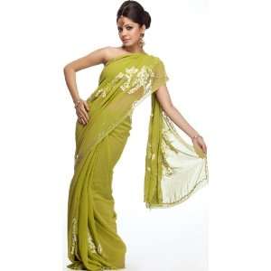  Green Applique Sari from Lucknow with Embroidered Beads 